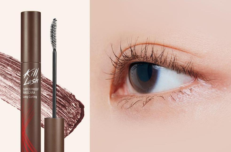 ProtoClinical k-beauty CLIO Kill Lash Superproof Mascara 7g (5 Colors) shade 04 Choco Brown shown in a wide horizontal shade reference graphic with rich brown tones on a light background