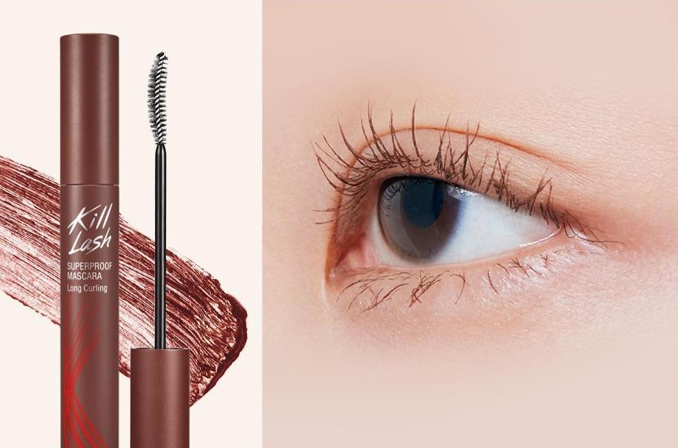 ProtoClinical k-beauty CLIO Kill Lash Superproof Mascara 7g (5 Colors) shade 05 Rose Brown shown in a wide horizontal shade reference graphic with rosy brown tones on a light background