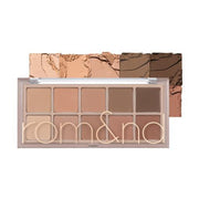ProtoClinical k-beauty rom&nd BETTER THAN PALETTE 8g (2colors) wide horizontal eyeshadow swatch preview with multiple shadow shades on a pale background