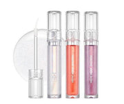 ProtoClinical k-beauty rom&nd GLASTING WATER GLOSS 4.5g (3 Colors) studio image with slim gloss tubes, gray and coral packaging, and a pale background