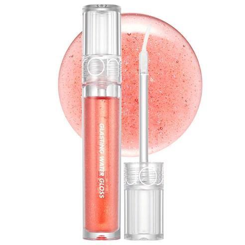 ProtoClinical k-beauty rom&nd GLASTING WATER GLOSS 4.5g (3 Colors) single upright coral gloss tube silhouette centered on a pale mint and white background