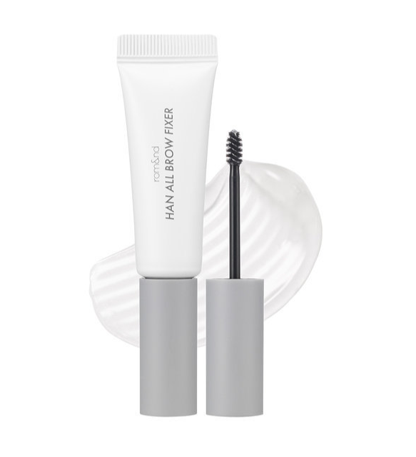 ProtoClinical k-beauty rom&nd HAN ALL BROW FIXER 9g single tall gray brow fixer tube silhouette standing upright on a pale pink-white background