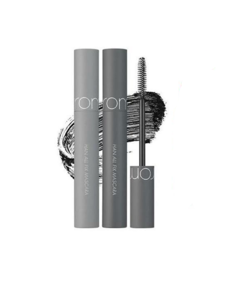 ProtoClinical k-beauty rom&nd HAN ALL FIX MASCARA (2 types) tall mascara product in vertical studio packshot with slim dark packaging on a pale background