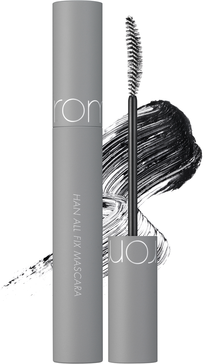 ProtoClinical k-beauty rom&nd HAN ALL FIX MASCARA (2 types) shown as a tall vertical mascara tube with gray-black packaging centered on a pale background