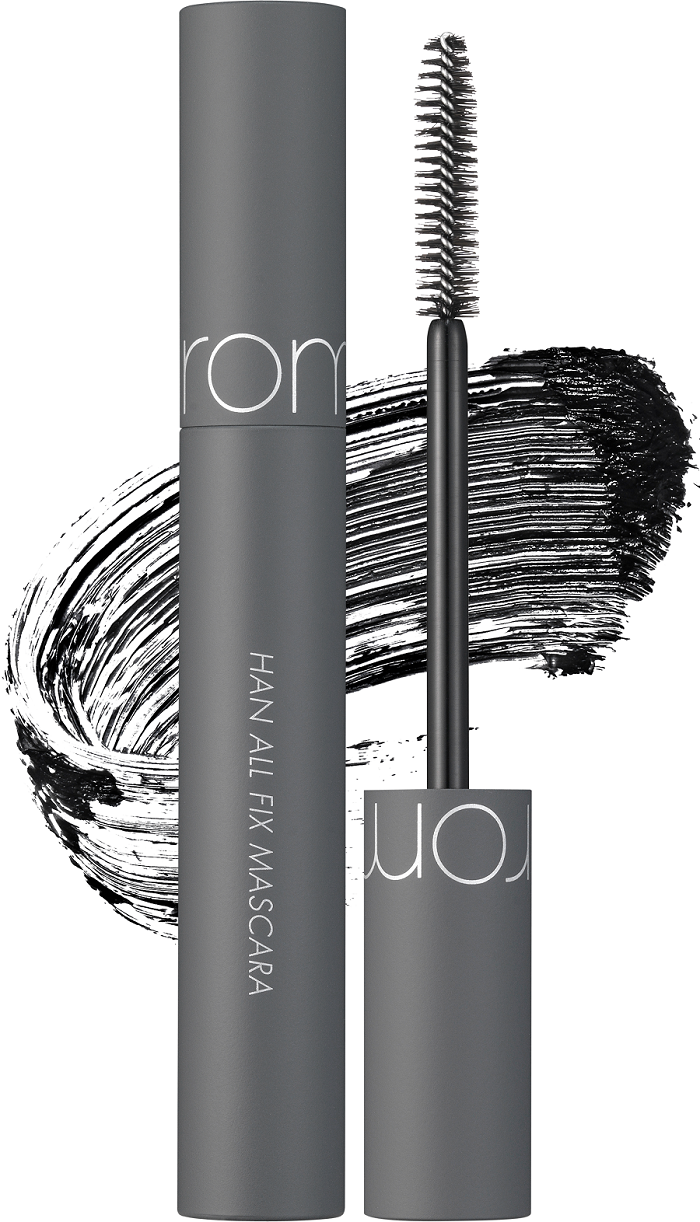 ProtoClinical k-beauty rom&nd HAN ALL FIX MASCARA (2 types) shown as a tall vertical mascara tube with gray-black packaging centered on a pale background