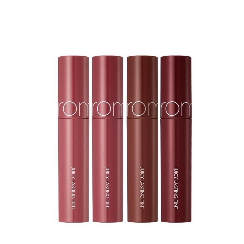 ProtoClinical k-beauty rom&nd JUICY LASTING TINT 5.5g (4 Colors) shown in a rosy shade detail graphic with soft pink swatch blocks, dark tint shapes, and pale green corner accents