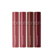 ProtoClinical k-beauty rom&nd JUICY LASTING TINT 5.5g (4 Colors) shown in a rosy shade detail graphic with soft pink swatch blocks, dark tint shapes, and pale green corner accents