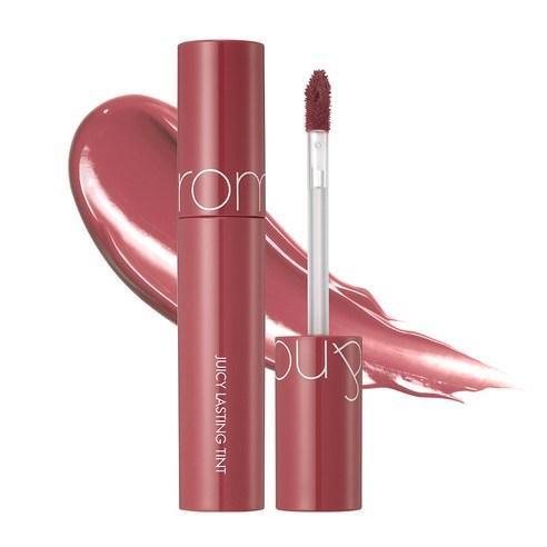 ProtoClinical k-beauty rom&nd JUICY LASTING TINT 5.5g (4 Colors) shown in a rosy shade detail graphic with soft pink swatch blocks, dark tint shapes, and pale green corner accents