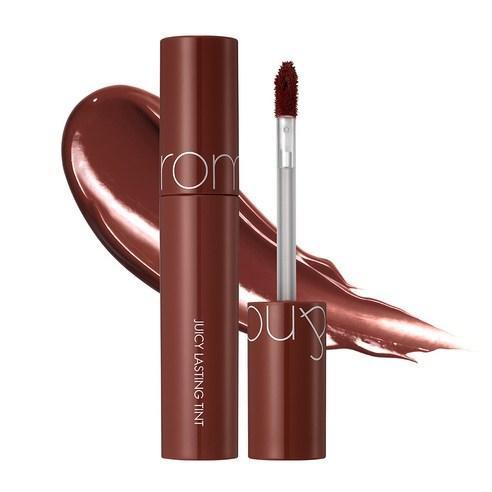 ProtoClinical k-beauty rom&nd JUICY LASTING TINT 5.5g (4 Colors) shown in a rosy shade detail graphic with soft pink swatch blocks, dark tint shapes, and pale green corner accents