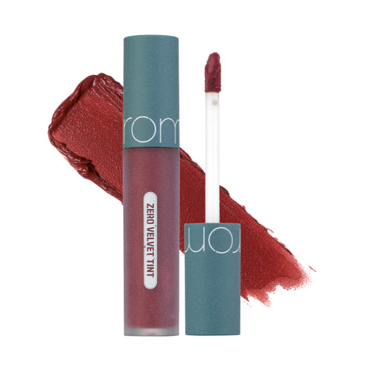 ProtoClinical k-beauty rom&nd ZERO VELVET TINT 5.5g (4 Colors) square shade graphic with deep rosy tint color, compact layout, and a pale background