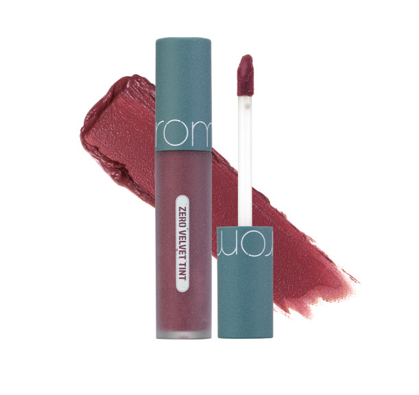 ProtoClinical k-beauty rom&nd ZERO VELVET TINT 5.5g (4 Colors) square shade graphic with berry rose tint color, compact swatch layout, and a pale background