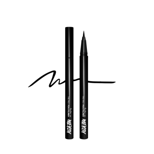 ProtoClinical k-beauty MERZY THE FIRST PEN EYELINER 0.5g (3 Colos) single vertical charcoal-gray eyeliner swatch with a pointed top and rounded center on a black background