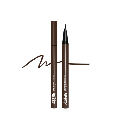 ProtoClinical k-beauty MERZY THE FIRST PEN EYELINER 0.5g (3 Colos) single vertical taupe-brown eyeliner swatch with a pointed top and rounded center on a black background
