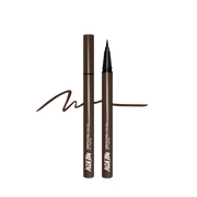 ProtoClinical k-beauty MERZY THE FIRST PEN EYELINER 0.5g (3 Colos) single vertical taupe-brown eyeliner swatch with a pointed top and rounded center on a black background