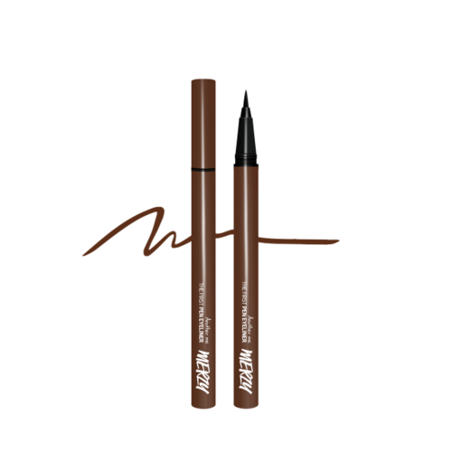 ProtoClinical k-beauty MERZY THE FIRST PEN EYELINER 0.5g (3 Colos) single vertical warm brown eyeliner swatch with a pointed top and rounded center on a black background