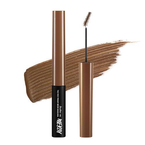 ProtoClinical k-beauty MERZY THE FIRST PROOF BROW MASCARA 3.5g (3 Colors) single upright khaki-brown brow mascara tube centered on a white background with a soft pale blue accent