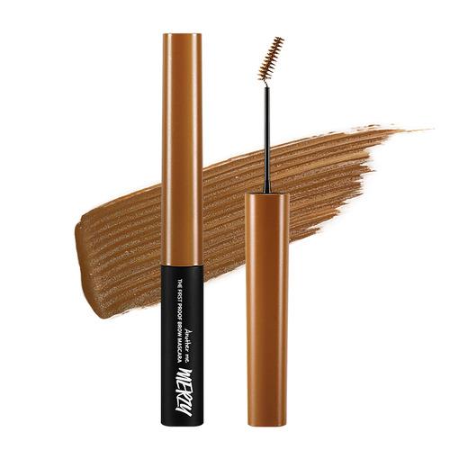 ProtoClinical k-beauty MERZY THE FIRST PROOF BROW MASCARA 3.5g (3 Colors) single upright warm brown brow mascara tube centered on a white background with a soft pale blue accent
