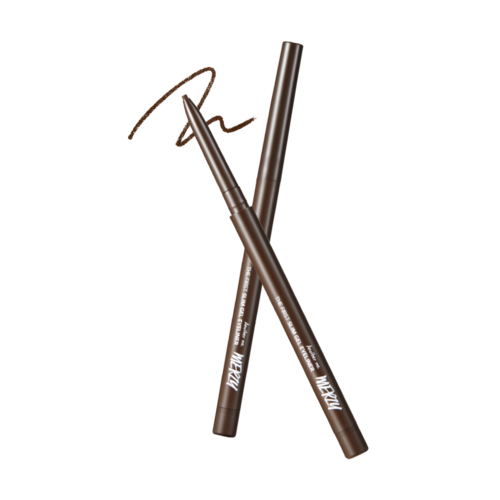 ProtoClinical k-beauty MERZY THE FIRST SLIM GEL EYELINER 0.05g (5 Colors) single vertical taupe-brown gel eyeliner swatch with a pointed top and rounded center on a black background