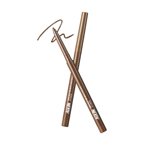ProtoClinical k-beauty MERZY THE FIRST SLIM GEL EYELINER 0.05g (5 Colors) single vertical beige-brown gel eyeliner swatch with a pointed top and rounded center on a black background
