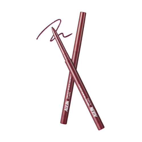 ProtoClinical k-beauty MERZY THE FIRST SLIM GEL EYELINER 0.05g (5 Colors) single vertical mauve-brown gel eyeliner swatch with a pointed top and rounded center on a black background