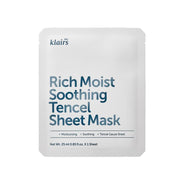 ProtoClinical k-beauty KLAIRS Rich Moist Soothing Tencel Sheet Mask 25ml single flat sheet mask pouch shown front-facing on a pale background