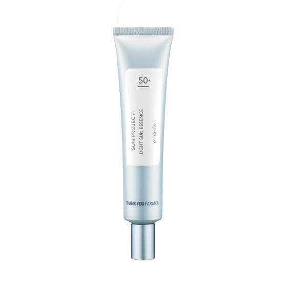 ProtoClinical k-beauty [THANK YOU FARMER] Sun Project Light Sun Essence SPF50+ PA+++ 40ml shown in a pale product thumbnail on a light blue background.