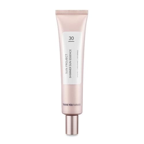 ProtoClinical k-beauty [THANK YOU FARMER] Sun Project Shimmer Sun Essence SPF30 PA++ 40ml shown in a vertical product image on a light background.