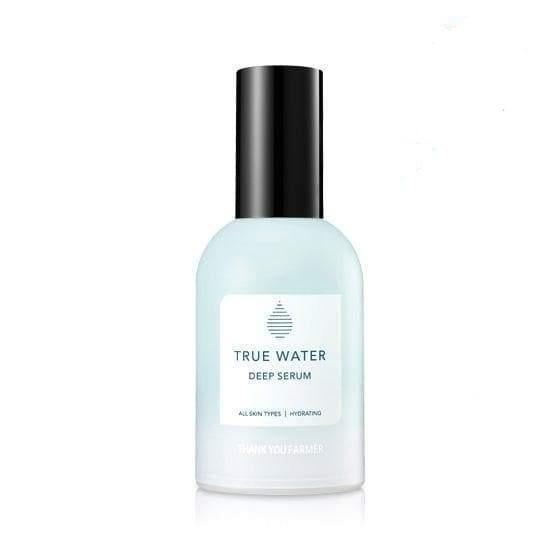 ProtoClinical k-beauty [THANK YOU FARMER] True Water Deep Serum EX 60ml shown as a single centered upright serum package with soft blue-gray tones on a light background.