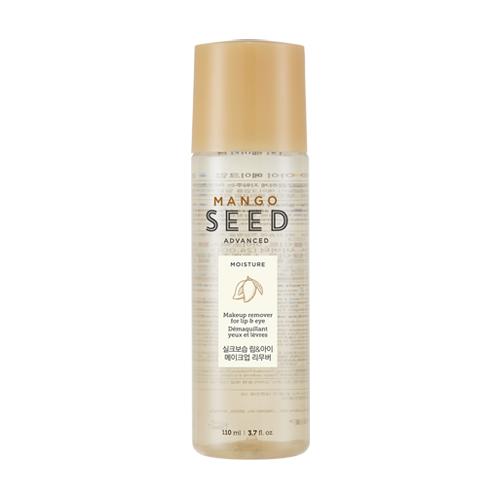 ProtoClinical k-beauty THE FACE SHOP Mango Seed Silk Moisturizing Lip & Eye Remover 110ml single upright pale pink remover bottle centered on a soft white background
