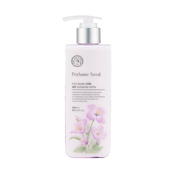 ProtoClinical k-beauty The Face Shop Perfume Seed Rich Body Milk 300ml single pale pink body milk bottle standing upright on a white background with soft aqua and peach side shading