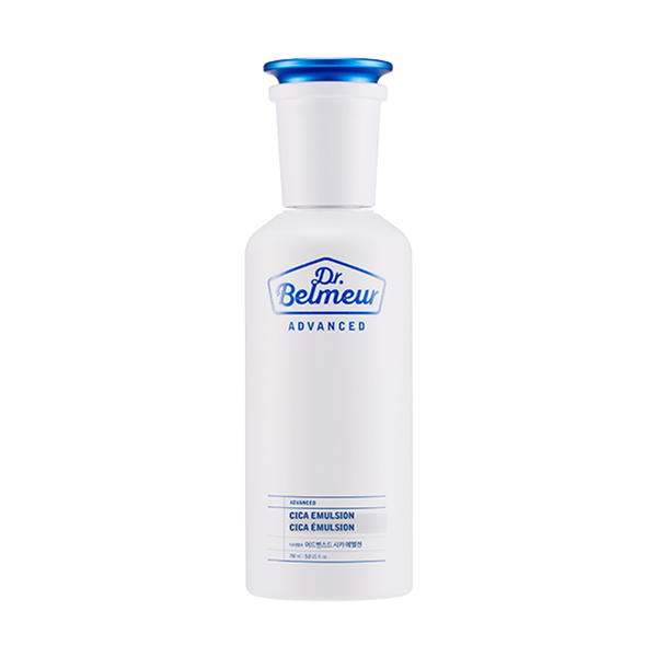 ProtoClinical k-beauty Dr.Belmeur Advanced Cica Emulsion 150ml single upright pale blue bottle centered on a plain white background