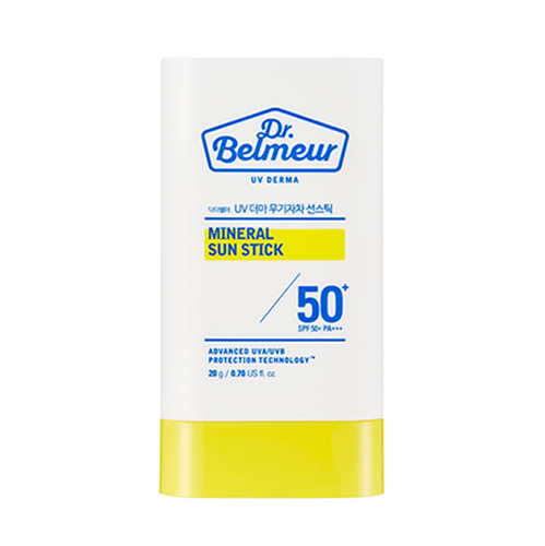 ProtoClinical k-beauty Dr.Belmeur UV Derma Mineral Sun Stick SPF 50+ PA+++ 20g single upright sun stick package centered on a light background.