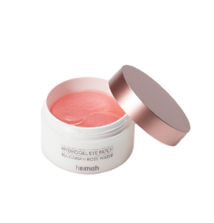 ProtoClinical k-beauty heimish Bulgarian Rose Water Hydrogel Eye Patch 60pcs single pink round eye patch jar centered on a light background