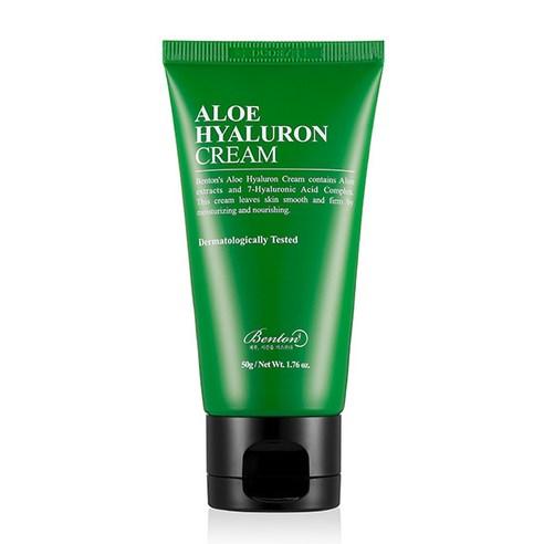 ProtoClinical k-beauty Benton Aloe Hyaluron Cream 50g single upright dark green cream package centered on a white background with pink and pale green accents