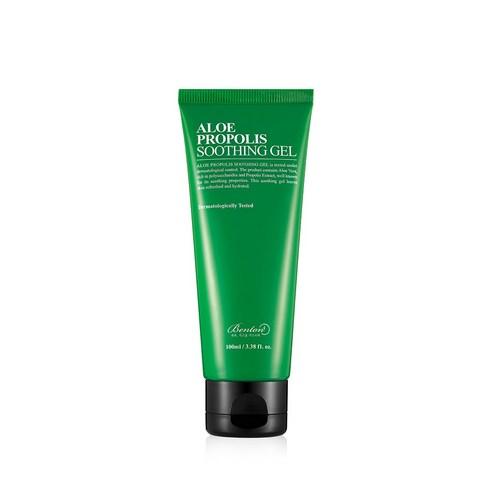 ProtoClinical k-beauty Benton Aloe Propolis Soothing Gel 100ml single upright dark green gel package centered on a white background with pale pink accents