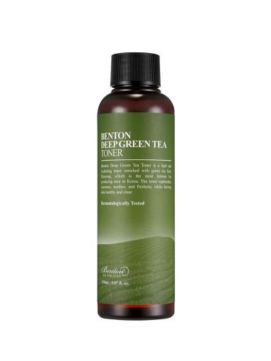ProtoClinical k-beauty Benton Deep Green Tea Toner 150ml single upright deep green toner bottle centered on a white background with pale blue side accents