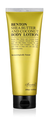 ProtoClinical k-beauty Benton Shea Butter And Coconut Body Lotion 250ml single upright yellow body lotion bottle with a blue lower accent on a white background
