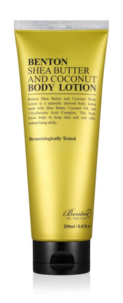 ProtoClinical k-beauty Benton Shea Butter And Coconut Body Lotion 250ml single upright yellow body lotion bottle with a blue lower accent on a white background