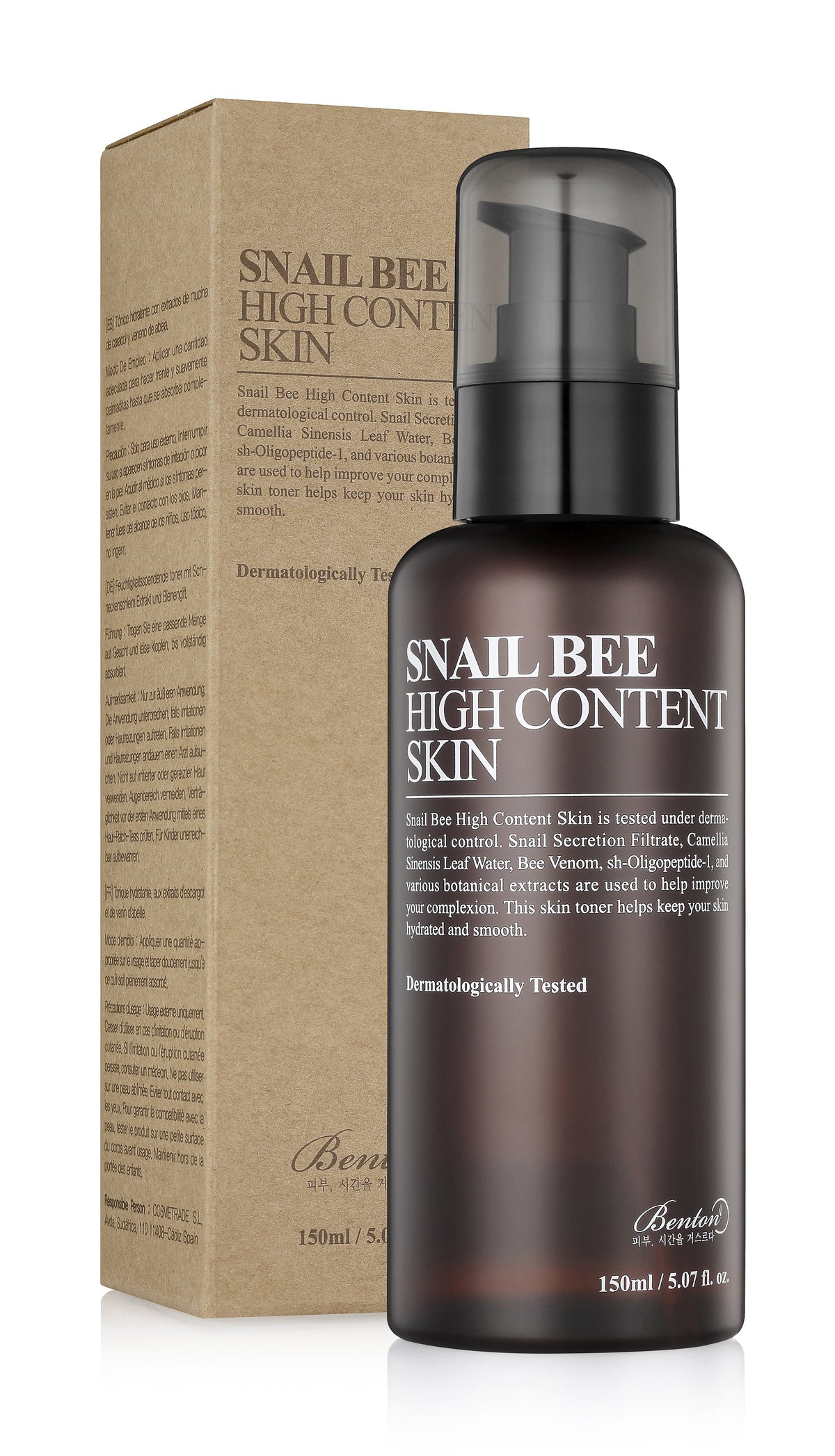 ProtoClinical k-beauty Benton Snail Bee High Content Skin Toner 150ml single upright brown toner bottle on a white background with pale blue side shading