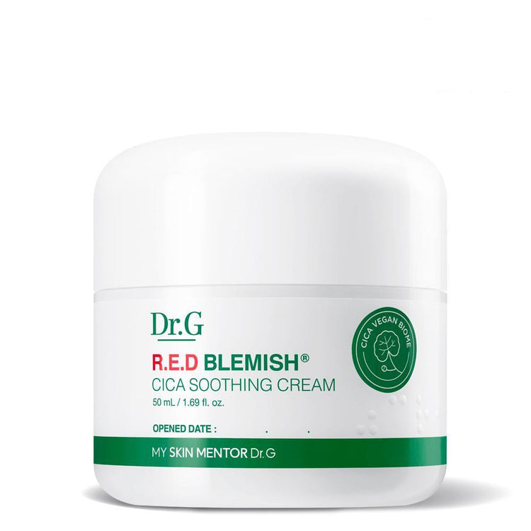 ProtoClinical k-beauty Dr.G Red Blemish CICA Soothing Cream 50ml shown in a front-facing cream packshot on a clean white background, highlighting the soothing cream packaging.