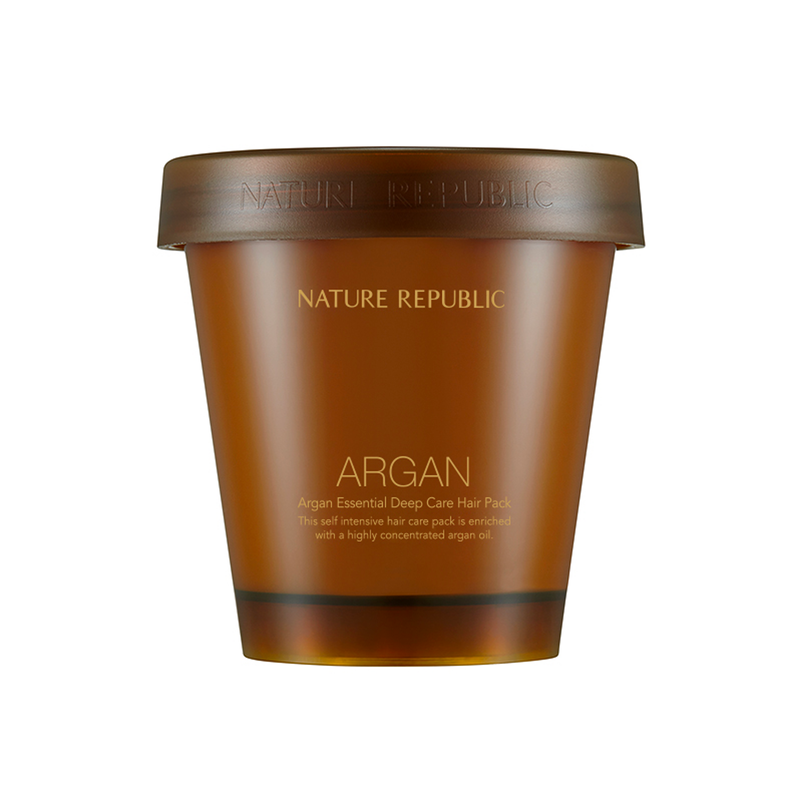 ProtoClinical k-beauty [NATURE REPUBLIC] Argan Essential Deep Care Hair Pack 200ml single upright brown hair pack container on a light background.