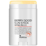 ProtoClinical k-beauty Rokkiss Berry Good Sun Stick SPF50+ PA++++ 15g single upright pale sun stick container on a white background with soft yellow and lavender accents.