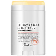 ProtoClinical k-beauty Rokkiss Berry Good Sun Stick SPF50+ PA++++ 15g single upright pale sun stick container on a white background with soft yellow and lavender accents.