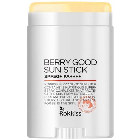 ProtoClinical k-beauty Rokkiss Berry Good Sun Stick SPF50+ PA++++ 15g single upright pale sun stick container on a white background with soft yellow and lavender accents.
