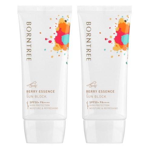 ProtoClinical k-beauty BORNTREE Berry Essence Sun Block SPF50+ PA+++ 50ml + 50ml two sunscreen packages side by side on a light background.