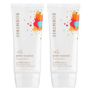 ProtoClinical k-beauty BORNTREE Berry Essence Sun Block SPF50+ PA+++ 50ml + 50ml two sunscreen packages side by side on a light background.