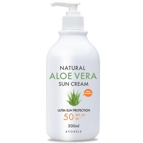 ProtoClinical k-beauty AYODELE Natural Aloe Vera Sun Cream 500ml front-facing square product box with a pale blue top band and white lower panel on a light background