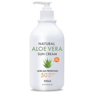 ProtoClinical k-beauty AYODELE Natural Aloe Vera Sun Cream 500ml front-facing square product box with a pale blue top band and white lower panel on a light background