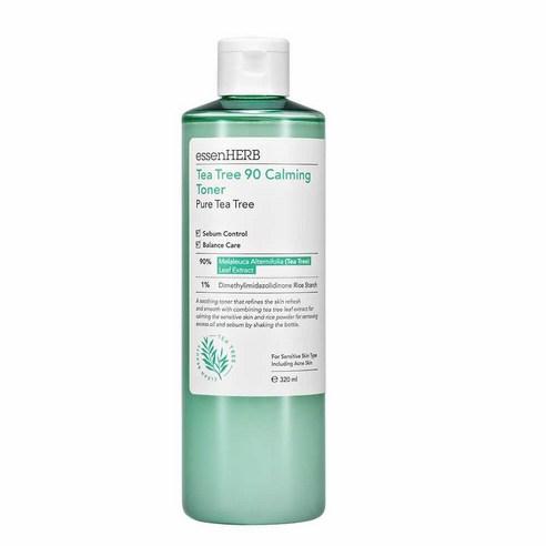 ProtoClinical k-beauty essenHERB Tea Tree 90 Calming Toner 320ml single upright pale blue toner bottle centered on a light background with soft lavender side shading.