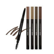 ProtoClinical k-beauty COSNORI Easy Draw Auto Eyebrow 0.3g (4 Colors) slim dark eyebrow pencil standing beside a matching light box on a white background